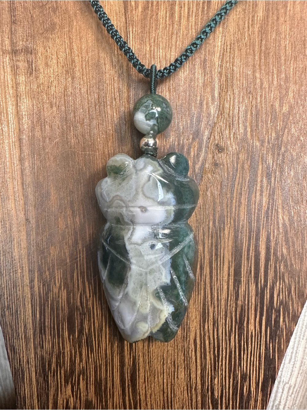 Handcrafted Moss Agate Cicada Pendant Necklace on Adjustable Rope